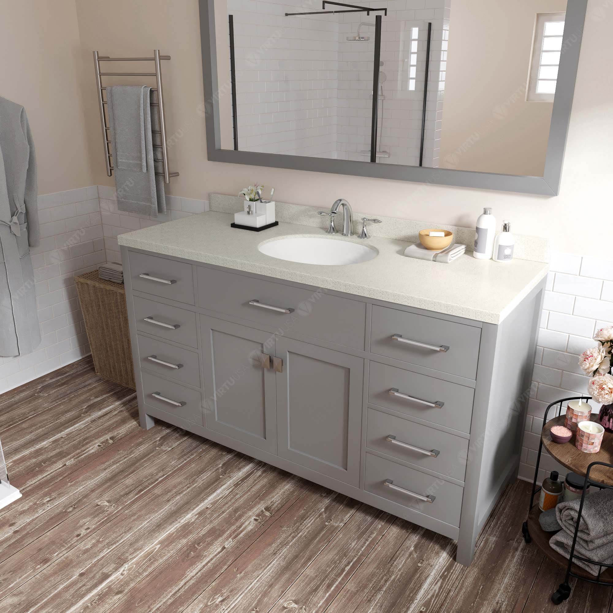 Virtu USA Caroline 60" Single Bath Vanity In Gray With White Quartz Top ...